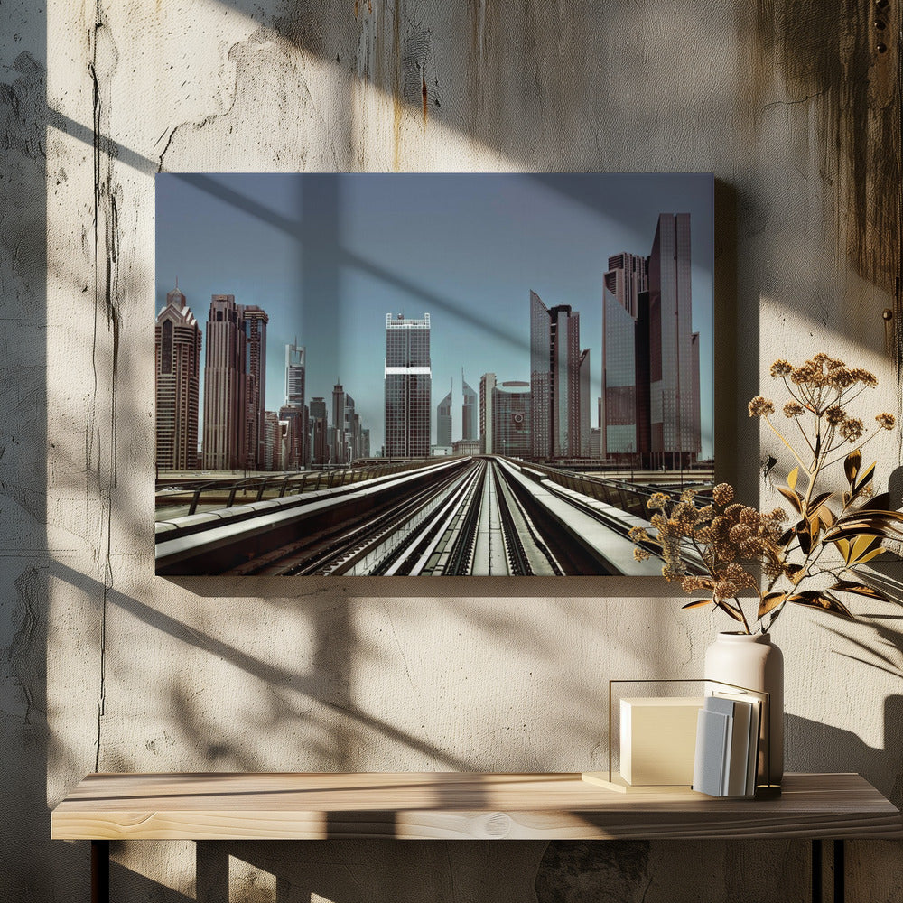 A view from an elevated train track looking down the rails towards the towering skyscrapers of a modern city skyline, under a clear, muted blue sky. Wall Art