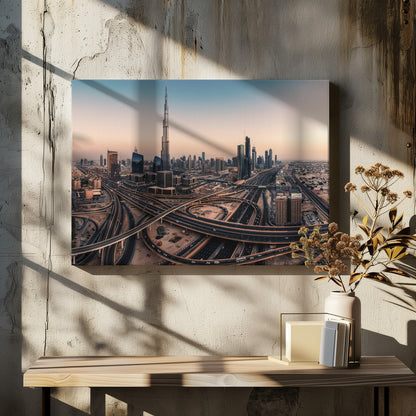 An aerial photograph of the Dubai skyline at sunset, featuring the iconic Burj Khalifa towering over other skyscrapers, with a complex web of intersecting highways and overpasses in the foreground, all under a gradient sky of orange and blue. The photo is displayed within a silver frame. Poster