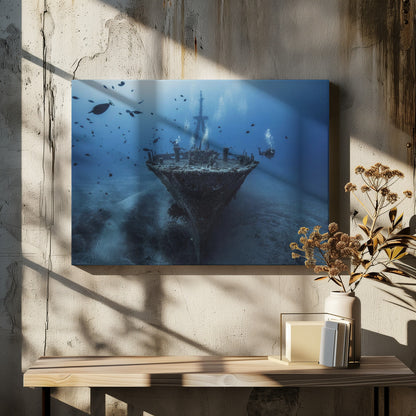 An underwater photograph of a large, sunken shipwreck resting on the sandy ocean floor. Two scuba divers are exploring the wreck, surrounded by schools of small fish in the deep blue water, with light filtering down from the surface. Print