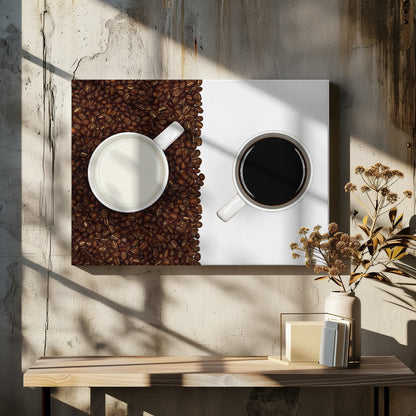 A top-down, split-screen photograph showing a contrast between coffee and milk. On the left, a white mug of milk sits on a bed of roasted coffee beans. On the right, a white mug of black coffee rests on a clean white background, creating a stark visual divide. Artwork