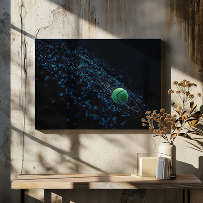 A high-speed photograph captures a spinning green tennis ball against a black background, with a dramatic spray of blue-lit water droplets flying off it in a cosmic-like spiral. Artwork