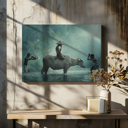 A serene photograph of three young boys playing in a river with a large water buffalo, one boy sits atop the animal while the others splash water, all set against a misty green backdrop and framed in silver. Print
