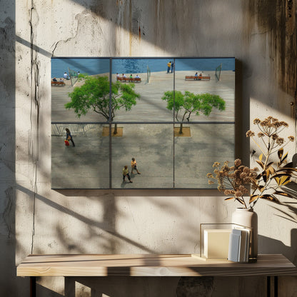 A framed, multi-pane window view showing a composite urban scene. The top panes reflect a sunny day on a wooden boardwalk by blue water, with people relaxing and green trees. The bottom panes show a direct view of a paved street below, with a few pedestrians walking. The window mullions create a grid that divides the distinct scenes. Wall Art