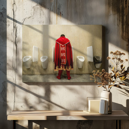 A back view of a person wearing an elaborate, long red and gold cape, standing at a urinal in a modern public restroom with beige tiled walls and multiple white urinals. Artwork