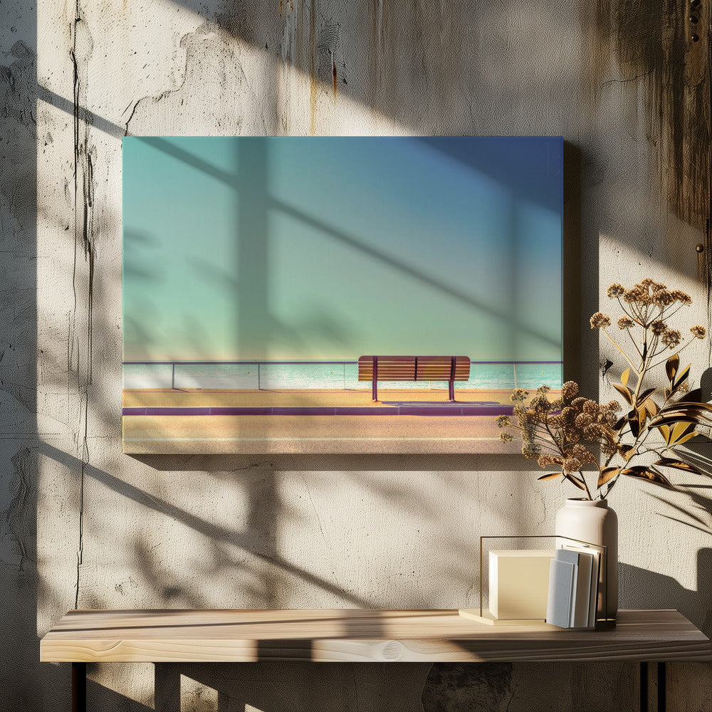 A minimalist, retro-toned photograph of a solitary wooden bench on a sunlit seaside promenade, overlooking a calm turquoise ocean under a vast, clear blue-green sky. Poster