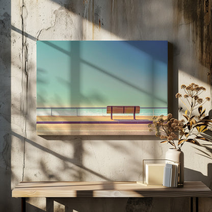 A minimalist, retro-toned photograph of a solitary wooden bench on a sunlit seaside promenade, overlooking a calm turquoise ocean under a vast, clear blue-green sky. Poster