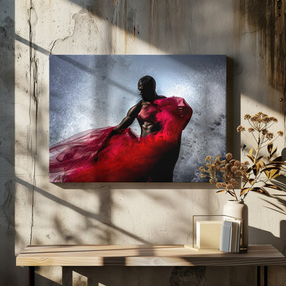 A dramatic photograph of a muscular Black man, mostly in shadow, holding a voluminous, sheer red fabric against a backdrop of splashing white water. The image is encased in a silver frame. Poster