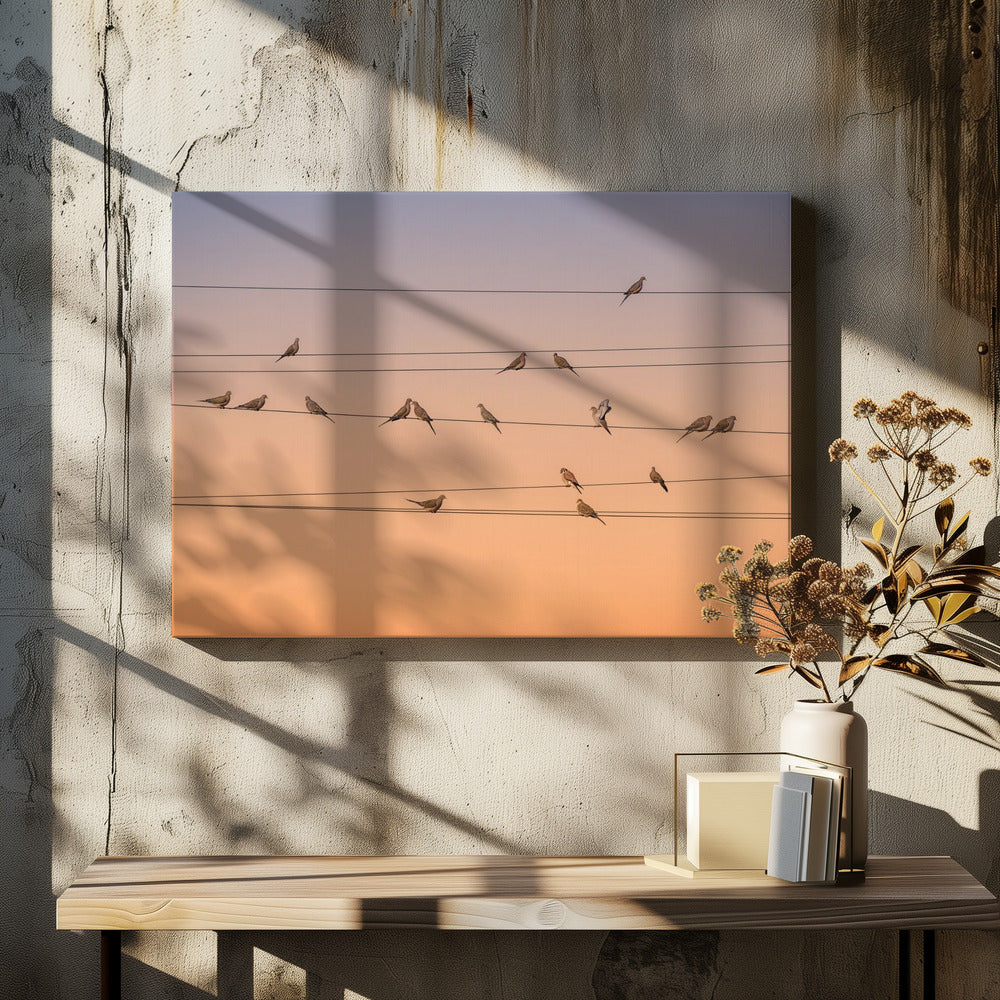 A photograph of numerous small birds perched on several parallel telephone wires against a gradient sunset sky that shifts from light purple to a warm orange. The entire image is enclosed in a silver frame. Artwork