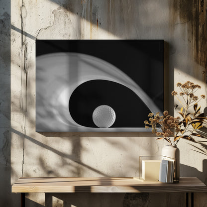 A dramatic black and white still life photo featuring a golf ball set against a stark black background. A large, abstract white shape swirls gracefully over the ball, creating a dynamic, wave-like composition. The image is presented within a silver frame. Decor