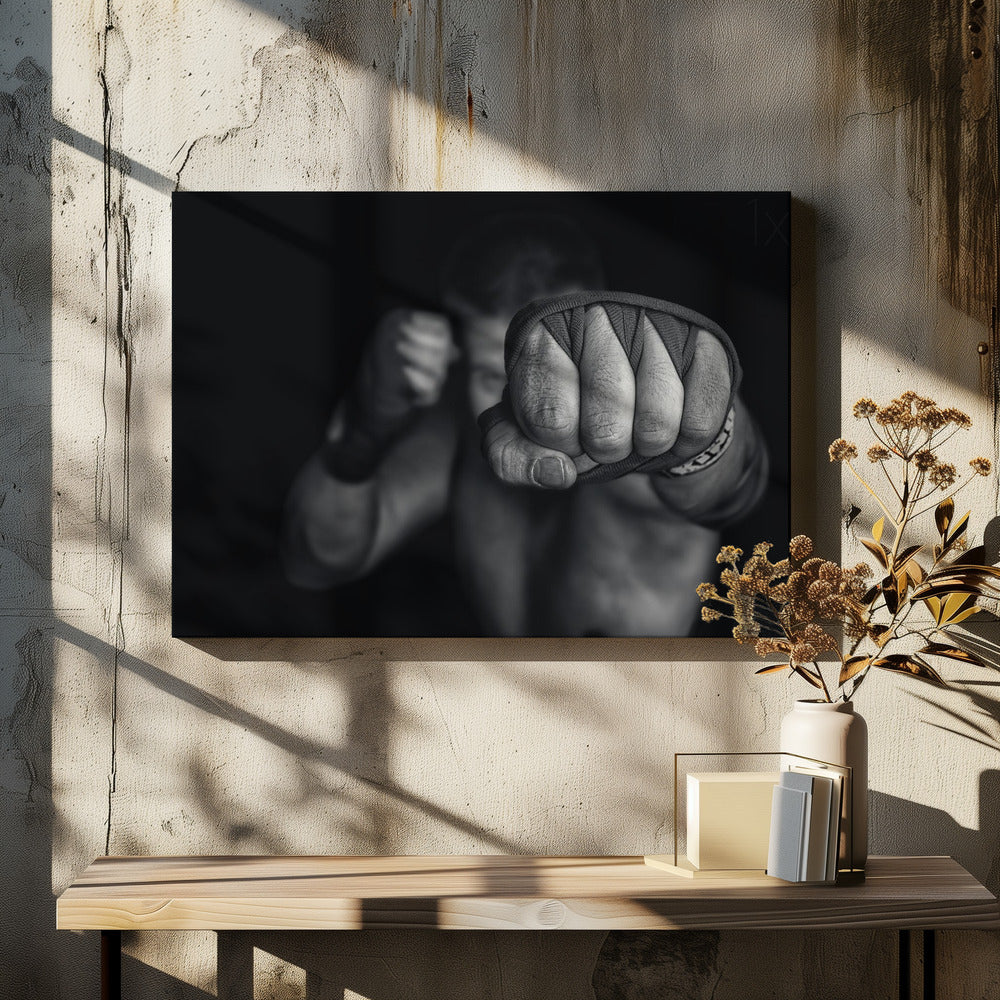 A dramatic black and white close-up photograph of a boxer's wrapped fist punching towards the camera. The fighter's body and other fist are blurred in the background, creating a powerful and intense mood. Print