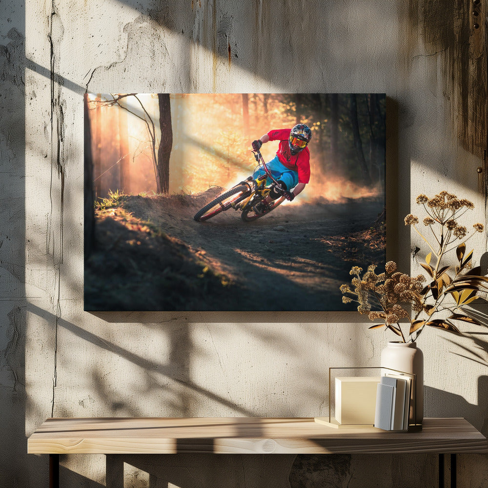 A mountain biker in a red shirt, blue shorts, and full-face helmet leans sharply into a dusty turn on a dirt trail in a forest. The setting sun casts a warm, golden light through the trees, creating a dramatic, backlit effect. Wall Art