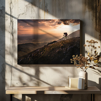 A lone mountain biker is silhouetted against a breathtaking sunset as they navigate a steep, rocky ridge. Below them, layers of mountains and a vast valley stretch into the distance under a dramatic, cloudy orange sky. Artwork