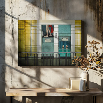 A surreal, framed artwork depicting two teal-colored vertical cabins against a yellow tiled wall. In the left cabin, a person's bare legs are visible as they hold a red towel. In the right cabin, which is filled with water, only a pair of feet can be seen submerged. A black railing is in the foreground, adding to the strange, layered composition. Artwork