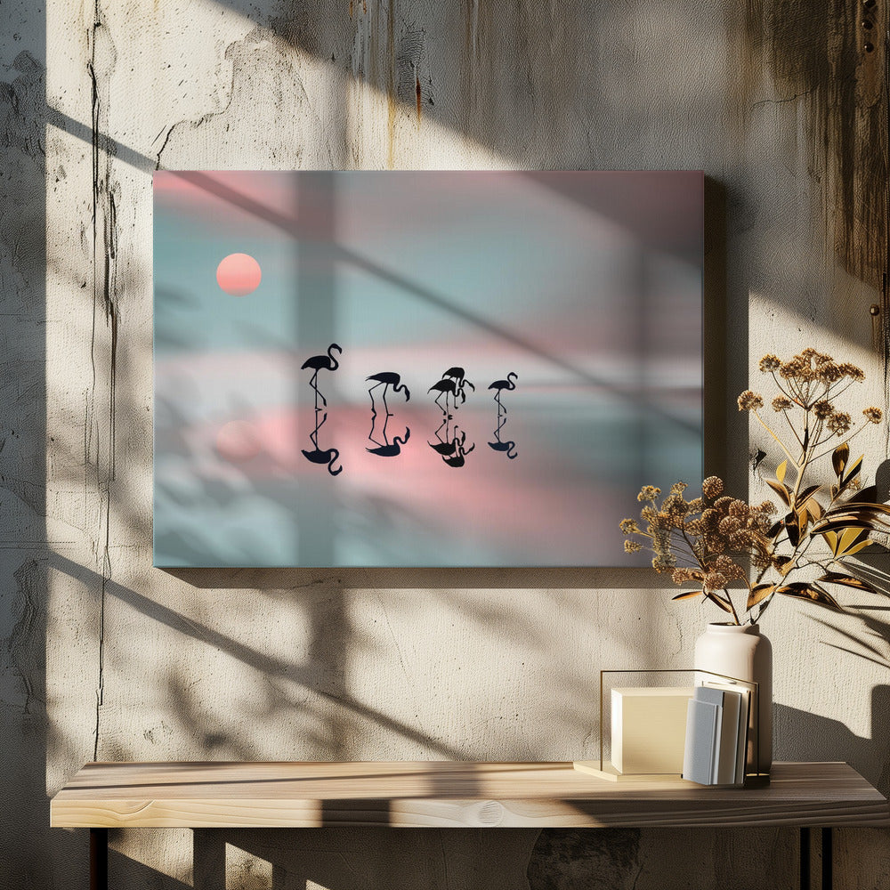 A serene artwork of five black flamingo silhouettes wading in calm water, their reflections mirrored below them. The background is a soft, blurred gradient of pastel pink and teal, with a pale pink sun low in the sky, creating a tranquil sunset scene. Poster