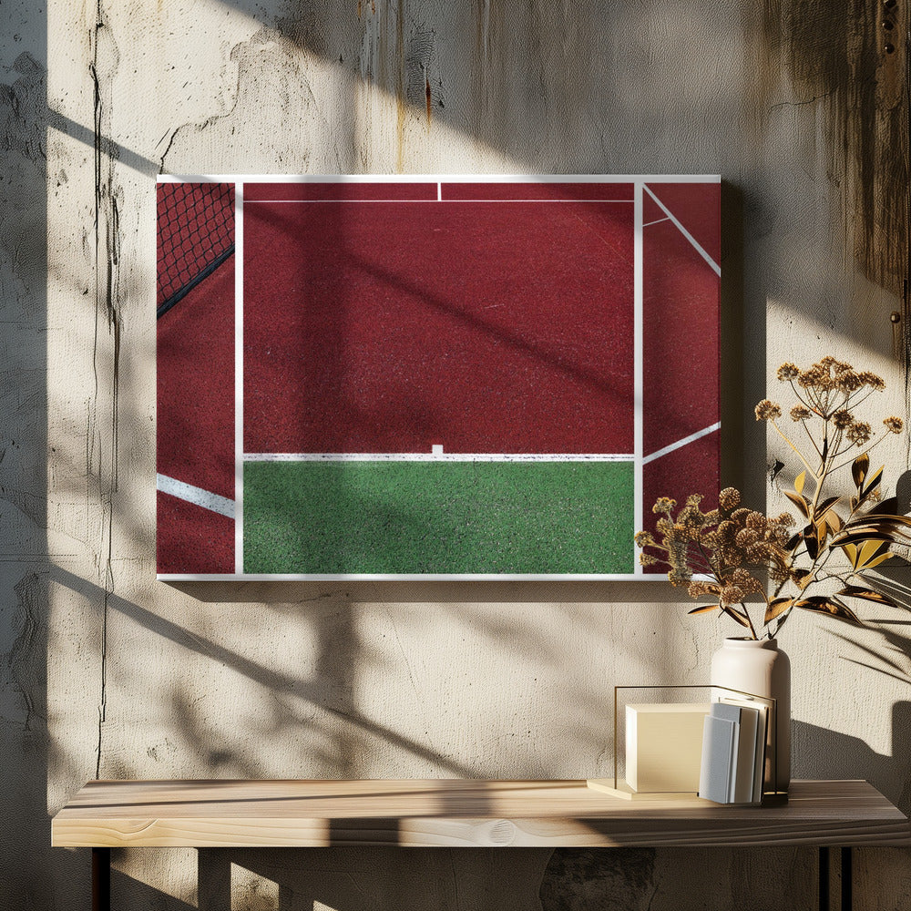 An abstract, framed triptych photograph showing an overhead view of a sports court. The image is divided into panels, featuring geometric blocks of deep red and green court surfaces, intersected by clean white boundary lines and a glimpse of a black net. Decor