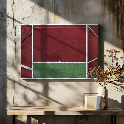 An abstract, framed triptych photograph showing an overhead view of a sports court. The image is divided into panels, featuring geometric blocks of deep red and green court surfaces, intersected by clean white boundary lines and a glimpse of a black net. Decor