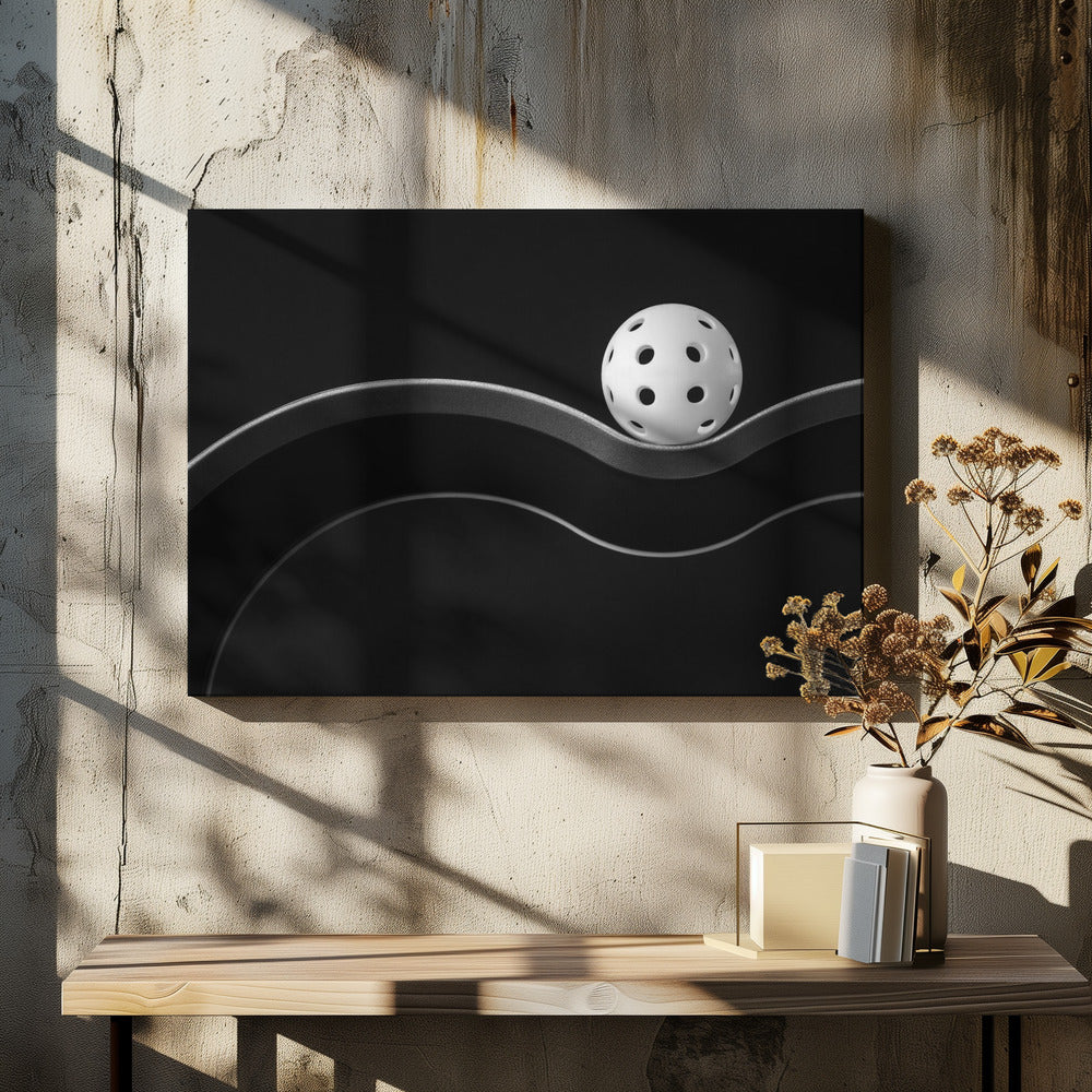A minimalist black and white photograph of a white pickleball resting perfectly balanced on a thick, wavy, textured line against a solid black background. Below it, a thin white line mimics the curve. The entire piece is framed in silver. Poster