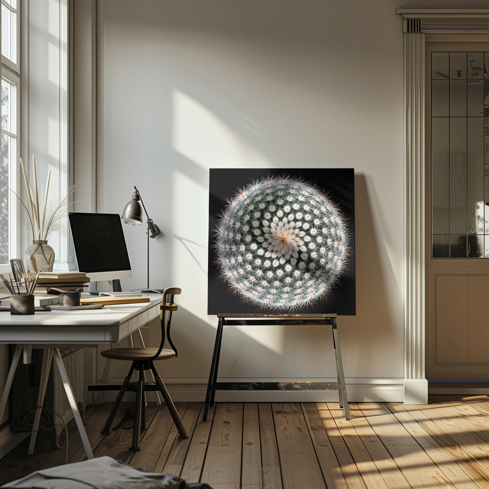 A macro, top-down photograph of a spherical cactus with dense white spines forming a spiral pattern against a stark black background. The artwork is presented in a light wood frame. Artwork