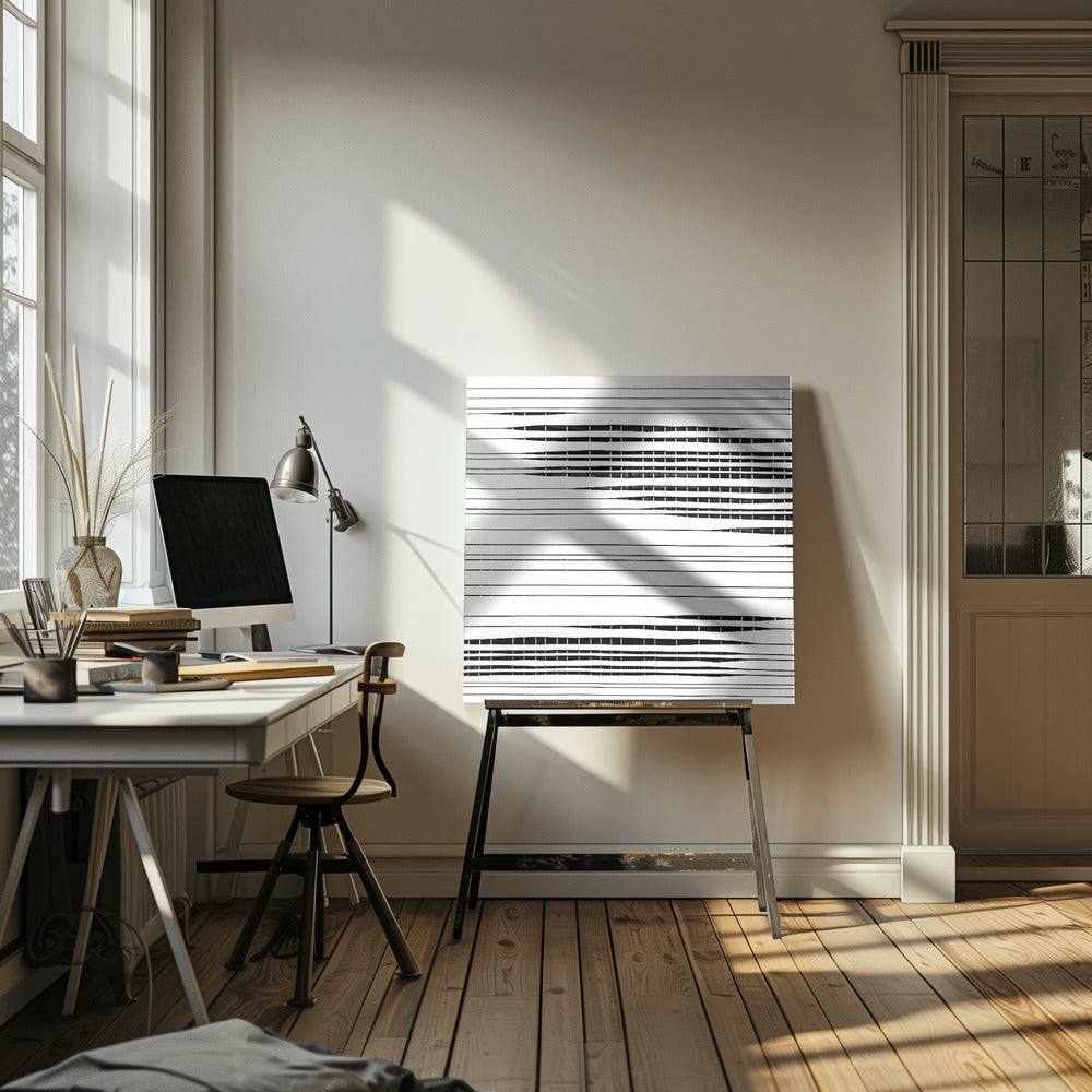A framed abstract artwork featuring black horizontal lines on a white background. The lines vary in thickness and some sections are broken by vertical white spaces, creating a rhythmic and textured pattern. The piece is enclosed in a simple, light-colored wood frame. Poster