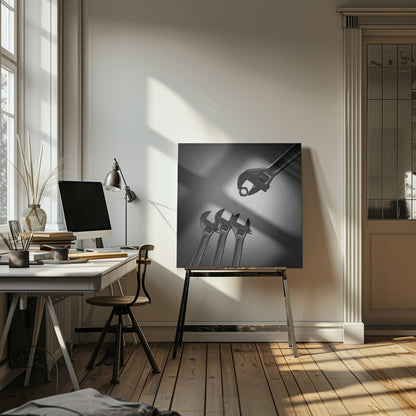 A conceptual black and white photograph in a light wood frame, depicting a large adjustable wrench holding a small nut above three smaller wrenches, which are angled upwards as if they were baby birds waiting to be fed. Print