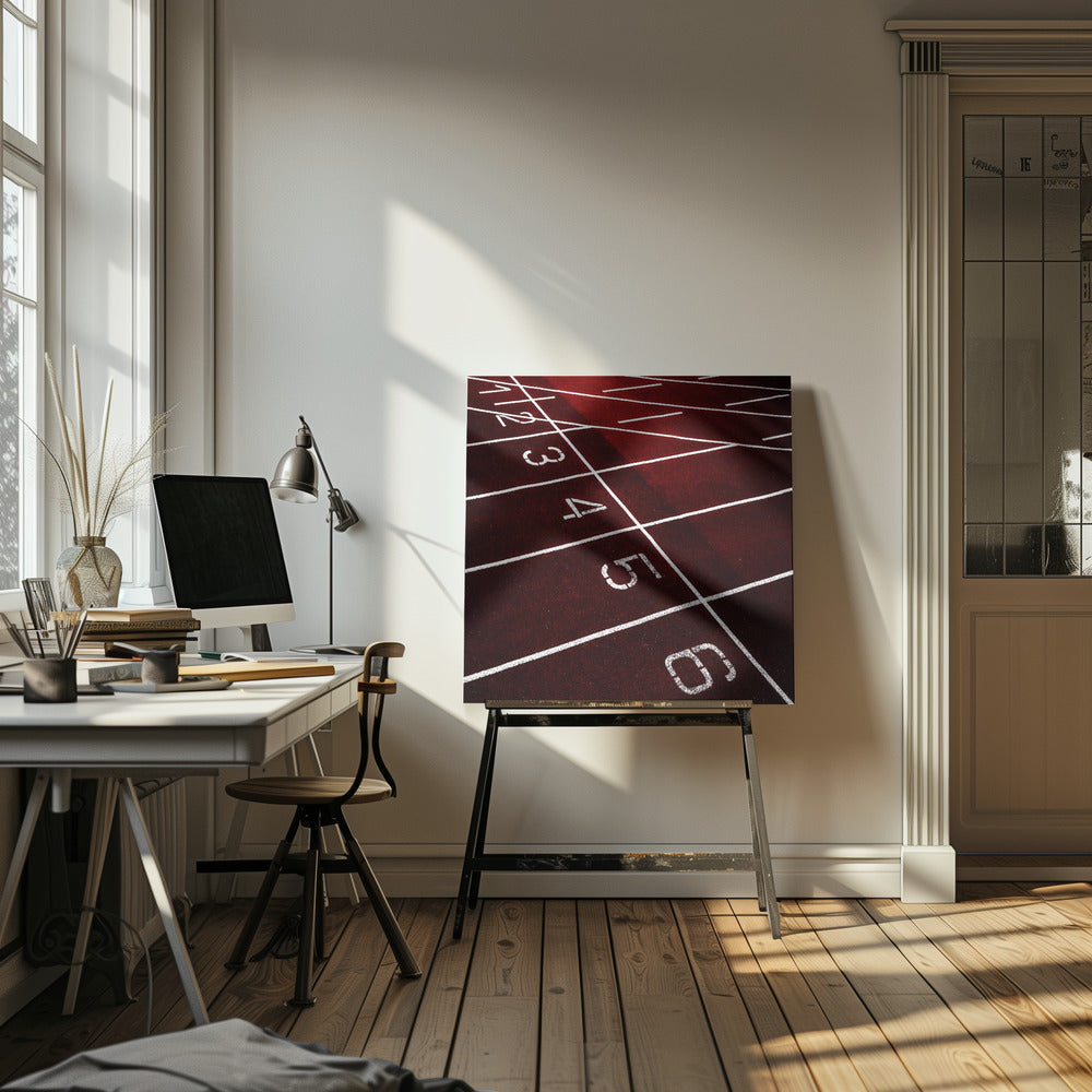 A framed, high-angle photograph of a deep red running track, showing the white lines and numbers for lanes one through six creating a grid-like pattern. Poster