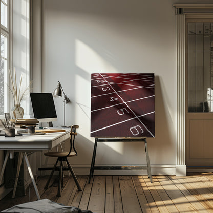 A framed, high-angle photograph of a deep red running track, showing the white lines and numbers for lanes one through six creating a grid-like pattern. Poster