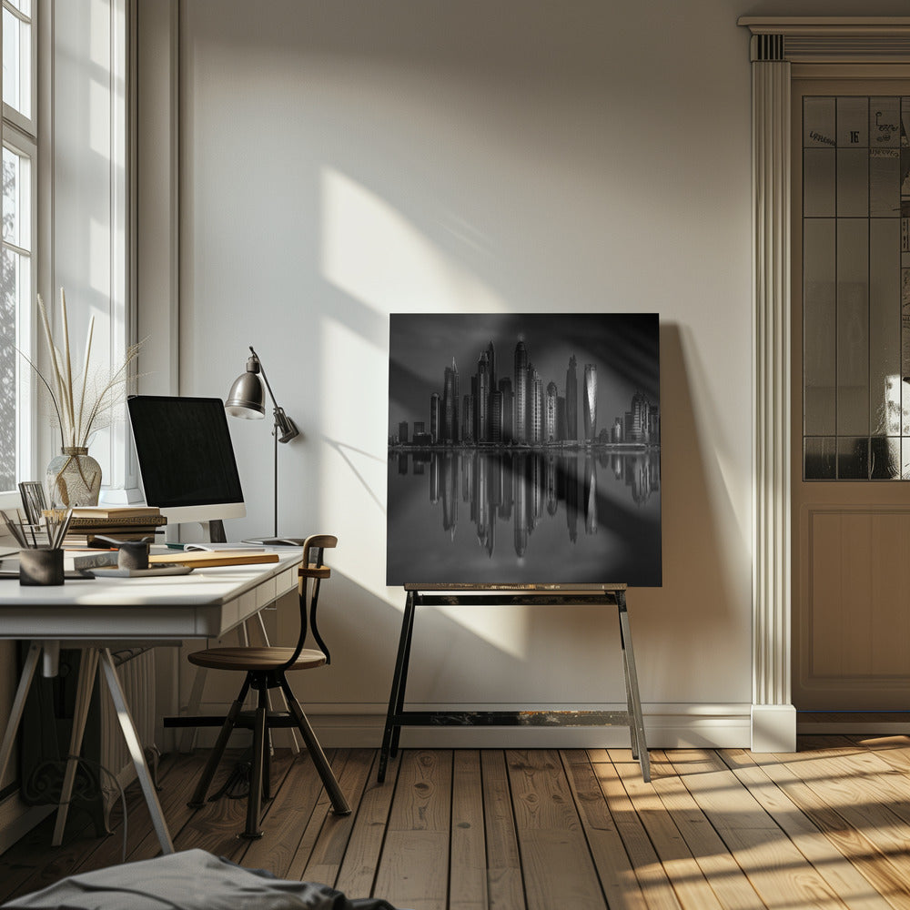 A dramatic black and white photograph of a modern city skyline at night, its towering skyscrapers perfectly reflected in the calm water below, all enclosed within a light brown wooden frame. Print