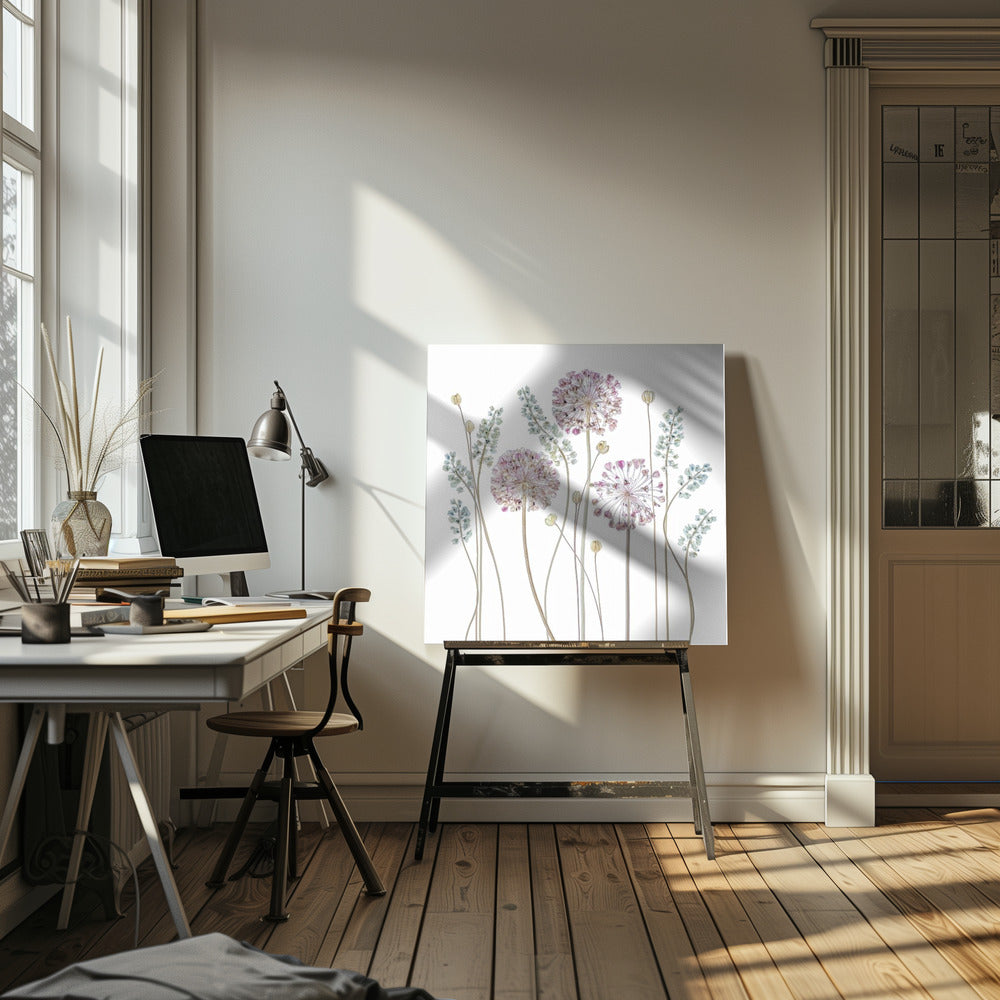 A botanical art print in a light wood frame, featuring delicate pressed allium flowers with pink and purple globes and slender stems, interspersed with sprigs of muted blue-green foliage against a clean white background. Poster