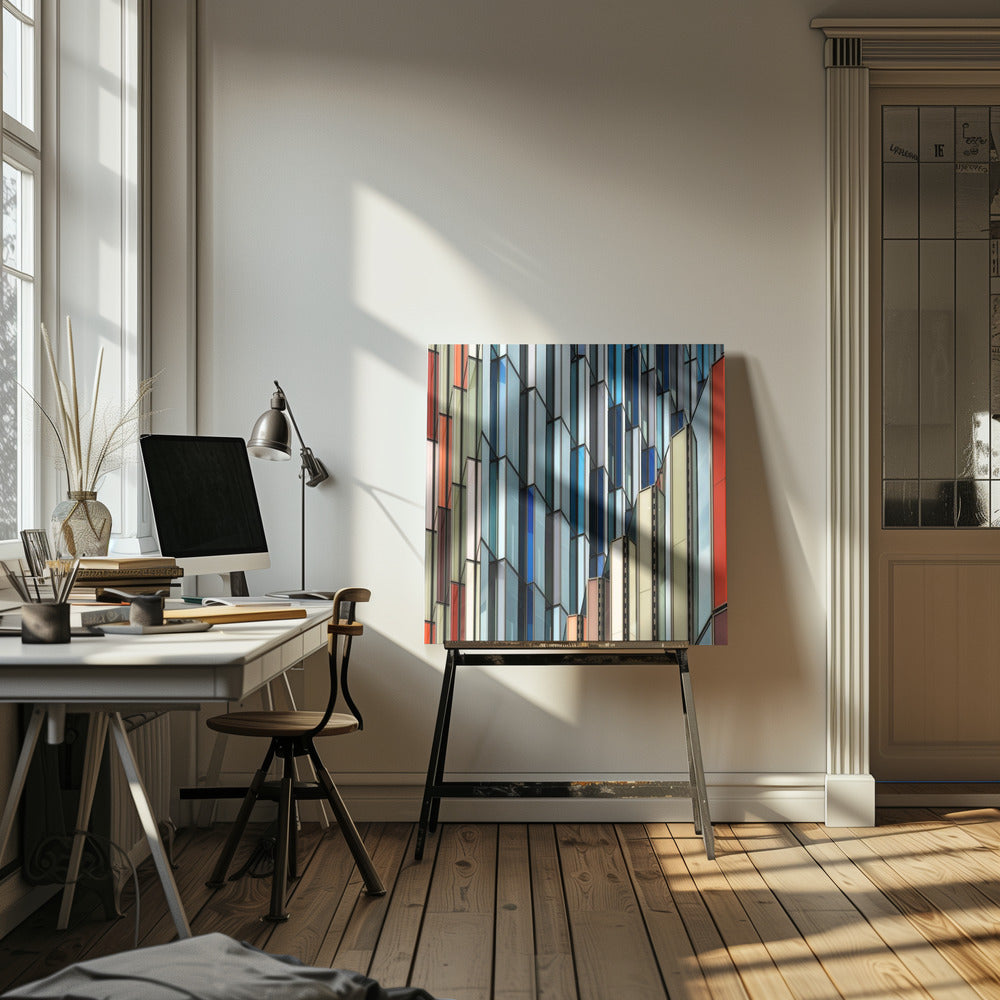 A close-up abstract photograph of a modern building's facade, featuring a complex pattern of colorful, angular glass panels in shades of blue, orange, red, and gray, all presented within a light wood frame. Wall Art
