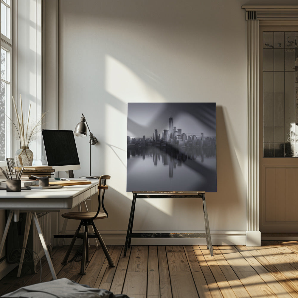 A framed, moody black and white photograph of the Lower Manhattan skyline, featuring the One World Trade Center, with a perfect, still reflection of the skyscrapers in the water below. Decor