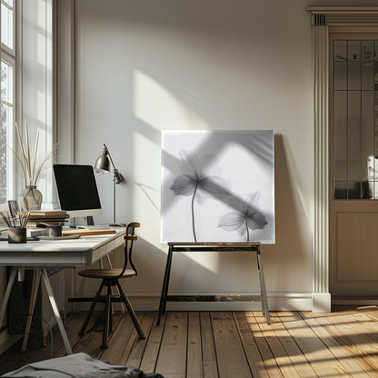 A framed black and white photograph of two translucent flowers seen from behind. Their delicate, paper-like petals are detailed with fine veins against a soft, light gray background. The artwork is enclosed in a simple, light-colored wooden frame. Wall Art