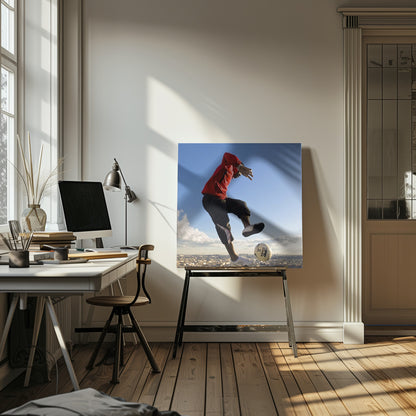 A dynamic low-angle shot of a person in a red jacket and black pants skillfully juggling a soccer ball, suspended in mid-air high above a sprawling city skyline under a clear blue sky, all enclosed within a light wood frame. Artwork
