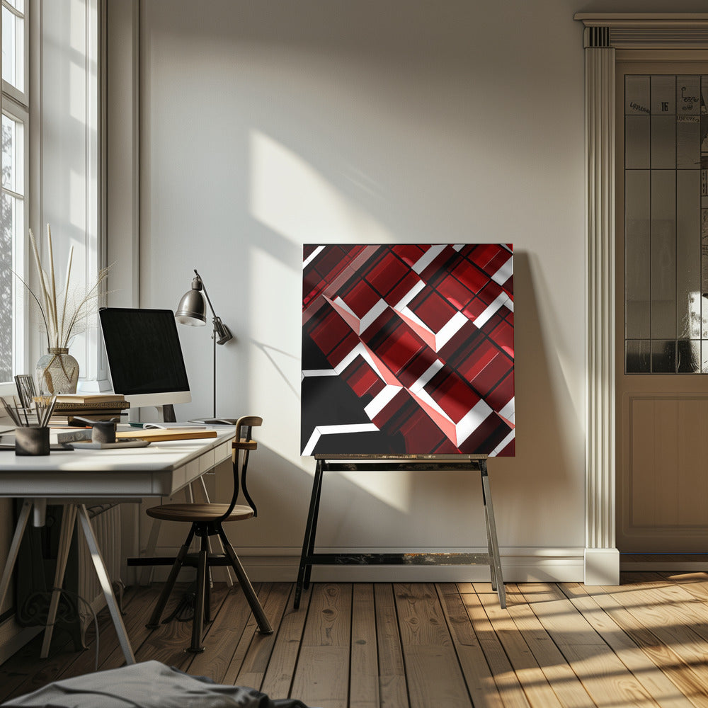 A close-up, angular photograph of a modern building's facade, framed in light wood. The composition is a dynamic geometric pattern of glossy red square panels, stark white lines, and deep black shadows, creating a sense of depth and abstract complexity. Wall Art