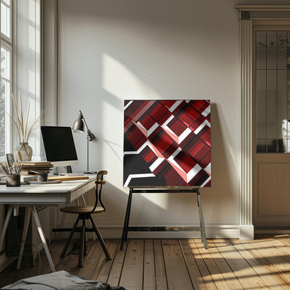 A close-up, angular photograph of a modern building's facade, framed in light wood. The composition is a dynamic geometric pattern of glossy red square panels, stark white lines, and deep black shadows, creating a sense of depth and abstract complexity. Wall Art