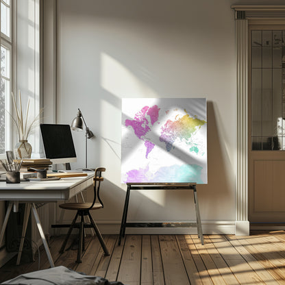 A framed art print of a world map featuring a colorful watercolor effect. The continents are painted in a rainbow gradient, transitioning from pink and purple in the Americas to yellow, green, and teal across Europe, Asia, Australia, and Antarctica, all set against a clean white background. Print