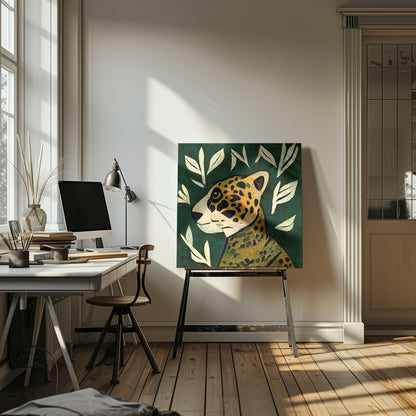 A stylized painting of a jaguar's head and neck in profile against a dark green background. The jaguar has yellow and orange fur with black spots. The background is adorned with scattered, simple, off-white leaf illustrations. The artwork has a textured, folk-art feel and is enclosed in a light wood frame. Decor