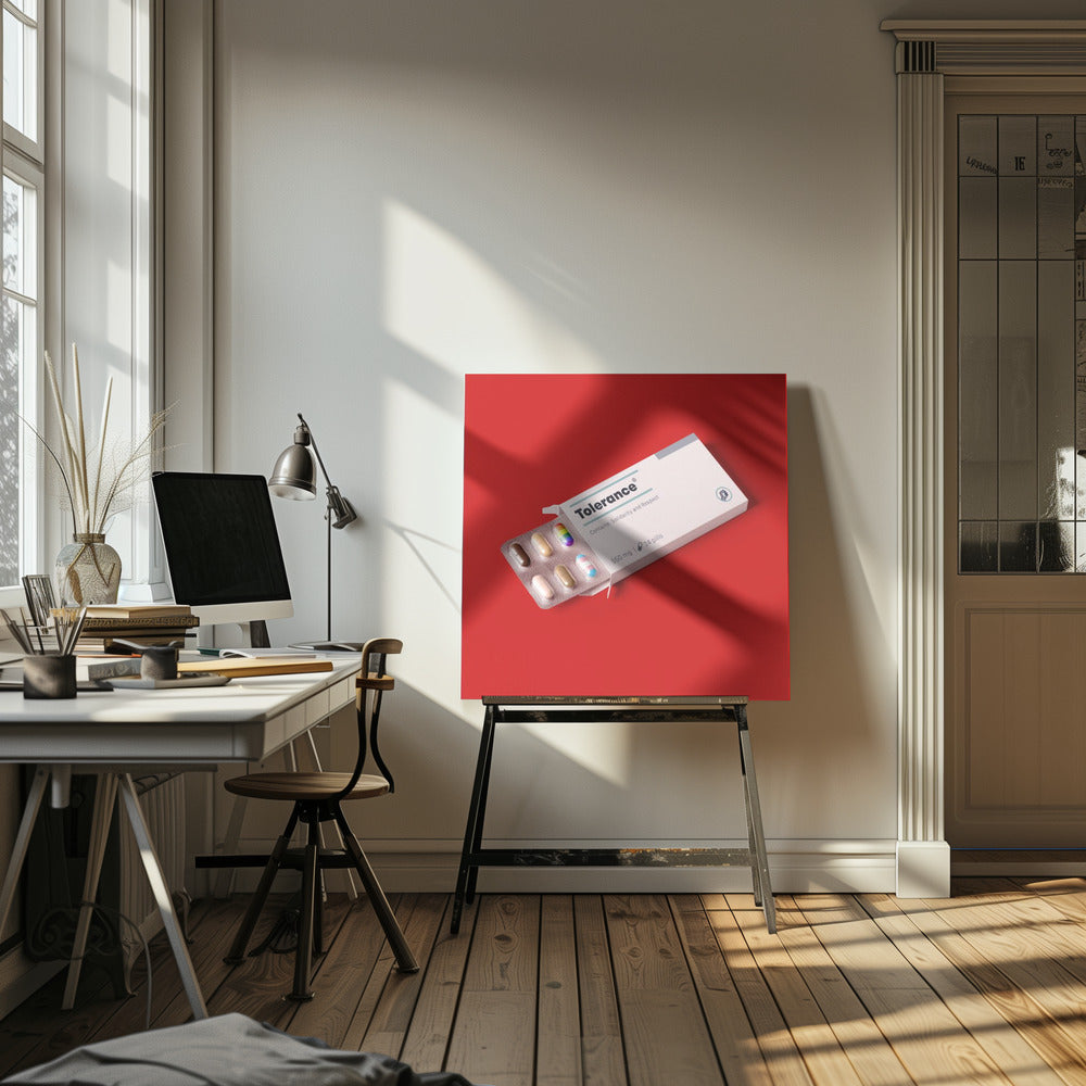 A framed conceptual art piece on a bright red background. It features a white medicine box labeled 'Tolerance', with a blister pack of pills emerging. Most pills are in various skin tones, but one is a rainbow pride flag and another is a transgender pride flag. Artwork
