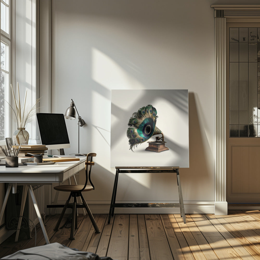 A surrealist artwork of a vintage gramophone where the horn is replaced by a large, fanned-out array of vibrant peacock feathers, complete with their iconic green and blue eye spots. The gramophone has a dark wood base and is set against a plain, off-white background, all within a light-colored wooden frame. Artwork