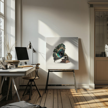 A surrealist artwork of a vintage gramophone where the horn is replaced by a large, fanned-out array of vibrant peacock feathers, complete with their iconic green and blue eye spots. The gramophone has a dark wood base and is set against a plain, off-white background, all within a light-colored wooden frame. Artwork