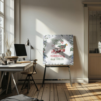 A vintage-style Christmas art print in a light wood frame. It features a watercolor illustration of a classic red pickup truck carrying a Christmas tree, with snow on its hood and roof. The text reads 'Farm Fresh Cut & Carry Christmas Trees' in festive green and red fonts. The background is white with a decorative border of frosted greenery and snowflakes. Wall Art