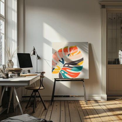 A framed abstract artwork featuring a stylized Monstera leaf. The leaf is composed of various colorful blocks and stripes in orange, teal, pink, and dark blue, set against a beige background. Print