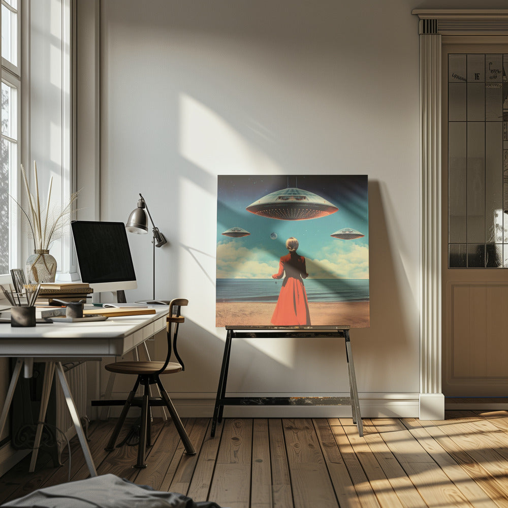 A vintage-style collage artwork showing a woman in a long red coat standing on a sandy beach, looking up at three large flying saucers hovering in a surreal sky that transitions from day to night. Artwork