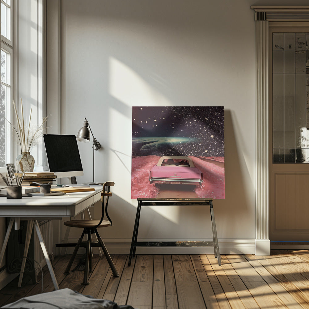 A framed collage-style artwork depicting a vintage pink convertible from behind, driving on a surreal pink road. The background is a vast, dark, star-filled space with a luminous, cloudy planet horizon. Poster