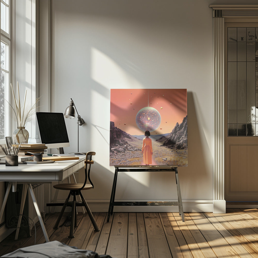 A vibrant collage art print featuring space and disco elements, with cosmic imagery, disco balls, and retro typography. Wall Art
