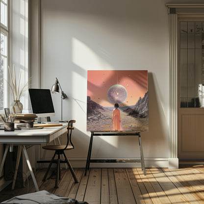 A vibrant collage art print featuring space and disco elements, with cosmic imagery, disco balls, and retro typography. Wall Art