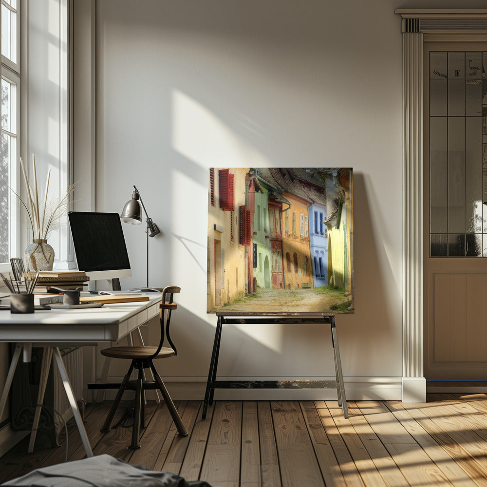 A narrow cobblestone street winds through a historic European town, flanked by colorful, weathered buildings in shades of cream, green, orange, and blue with red shutters, all under aged tile roofs and enclosed in a light wood frame. Artwork