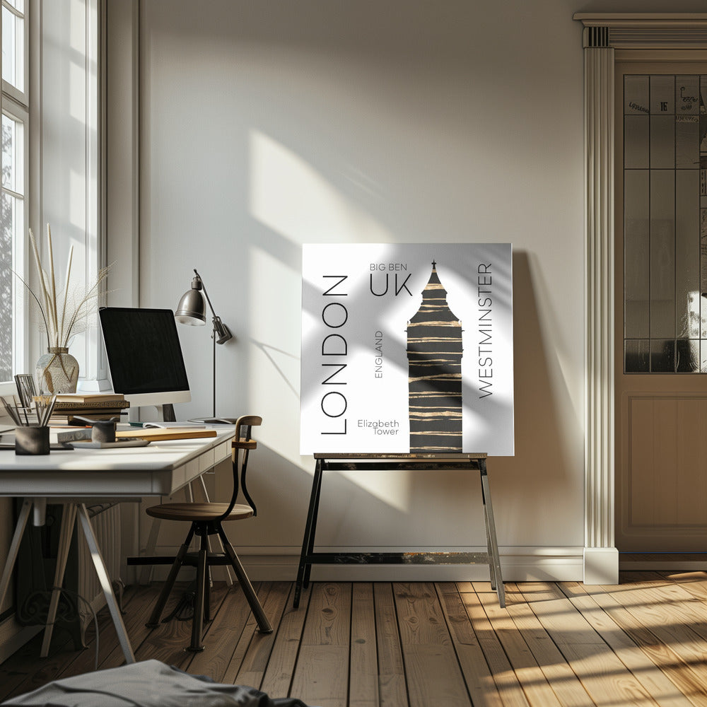 A modern art print in a light wood frame featuring a stylized black and gold silhouette of Big Ben. The image is on a white background with sans-serif text reading 'LONDON' and 'WESTMINSTER' vertically on either side, and 'BIG BEN', 'UK', and 'ENGLAND' centrally. Wall Art