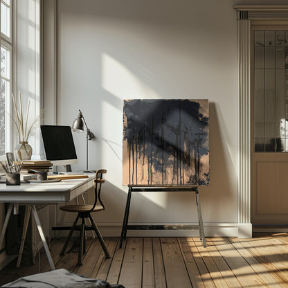 An abstract painting in a light wood frame featuring a textured beige background with thick, glossy black paint heavily applied across the top half, with prominent drips and splatters running down the canvas. Poster