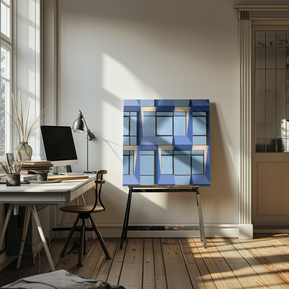 A framed abstract architectural photograph showing a repeating pattern of a modern building's facade. The image features geometric, three-dimensional blue elements surrounding light blue windows with black frames, all set against horizontal cream-colored bands. The entire piece is presented within a light wood frame. Print