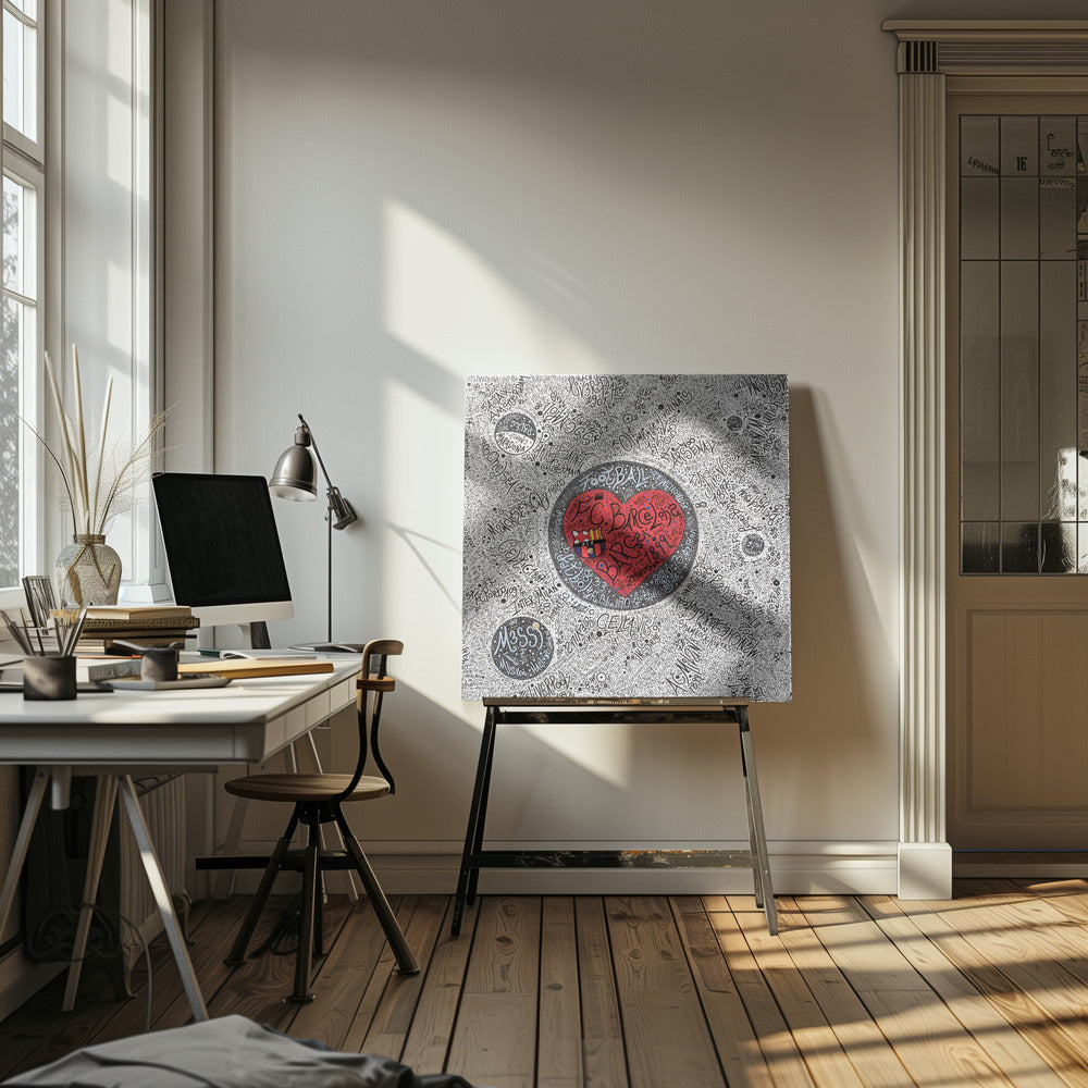 A detailed, hand-drawn typographic artwork with a black and white background filled with the names of various football clubs. At the center is a large, vibrant red heart containing the F.C. Barcelona crest and the word 'Barça' in stylized black script. The entire piece is enclosed in a light wood frame. Poster